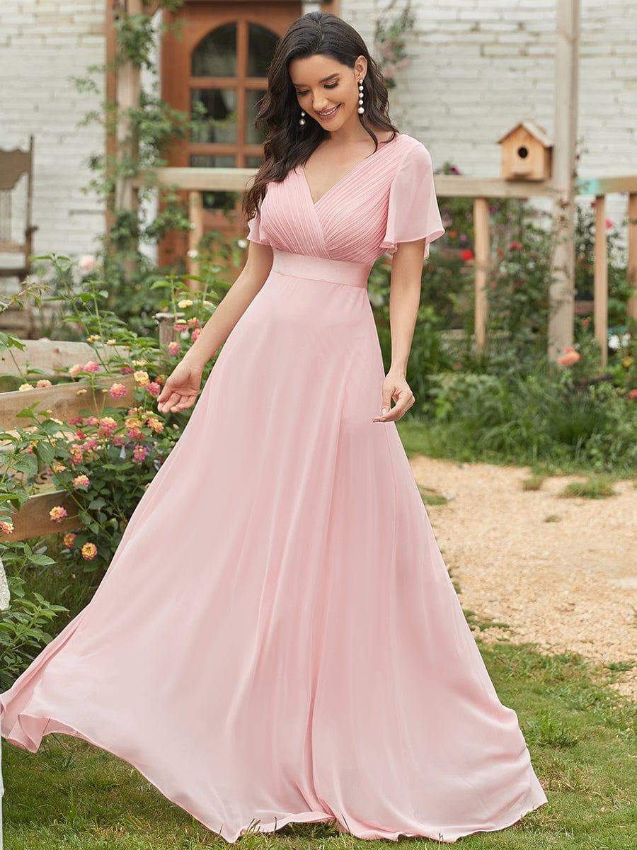 Long Chiffon Empire Waist Bridesmaid Dress with Short Flutter Sleeves #color_Pink
