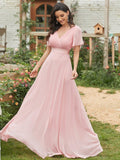 Long Chiffon Empire Waist Bridesmaid Dress with Short Flutter Sleeves #color_Pink