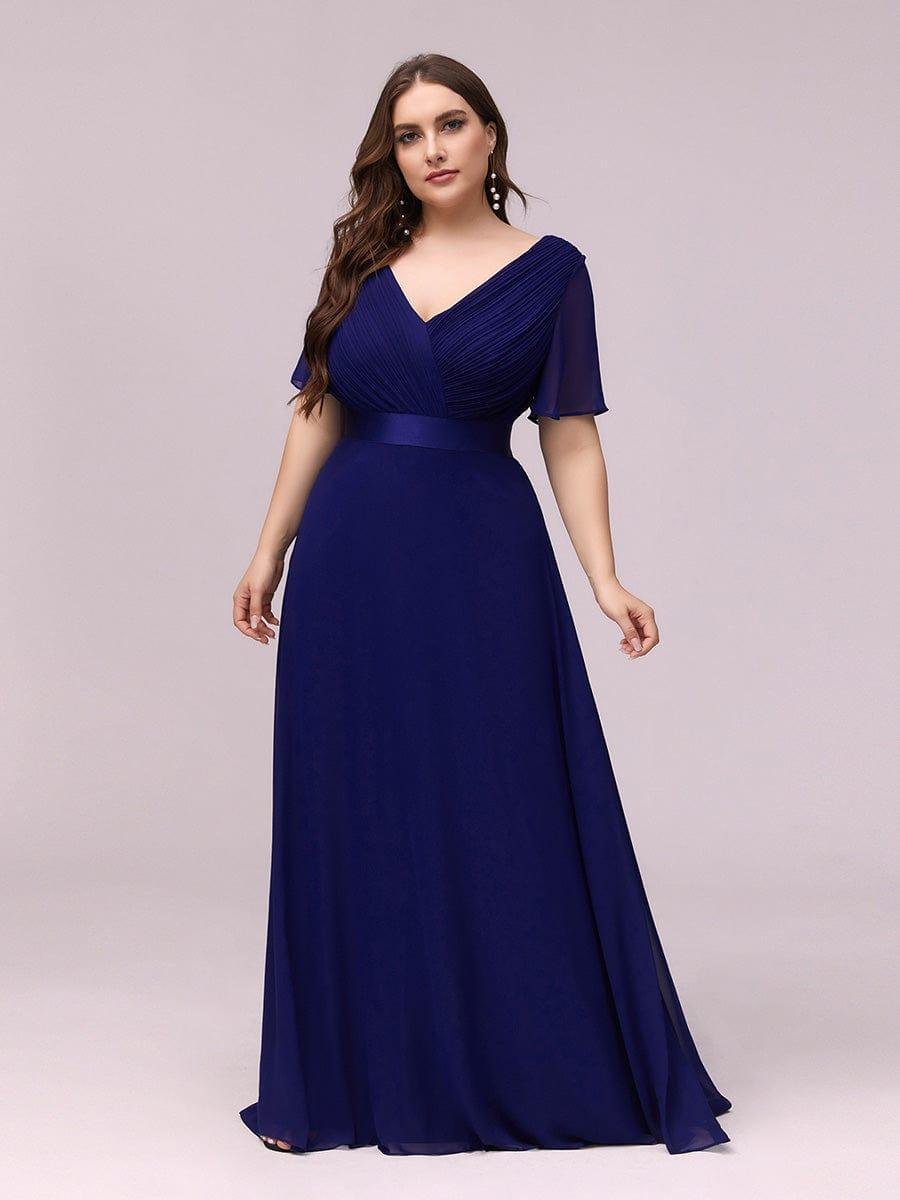 Plus Size V-Neck Chiffon A-Line Evening Dress with Short sleeves