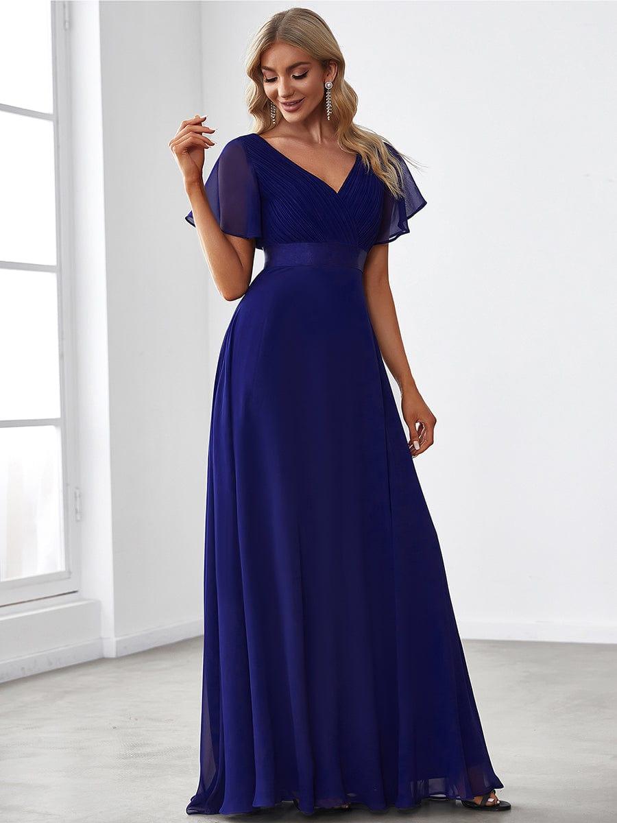 Dusty Blue Empire Waist Chiffon Bridesmaid Dress with Sleeves