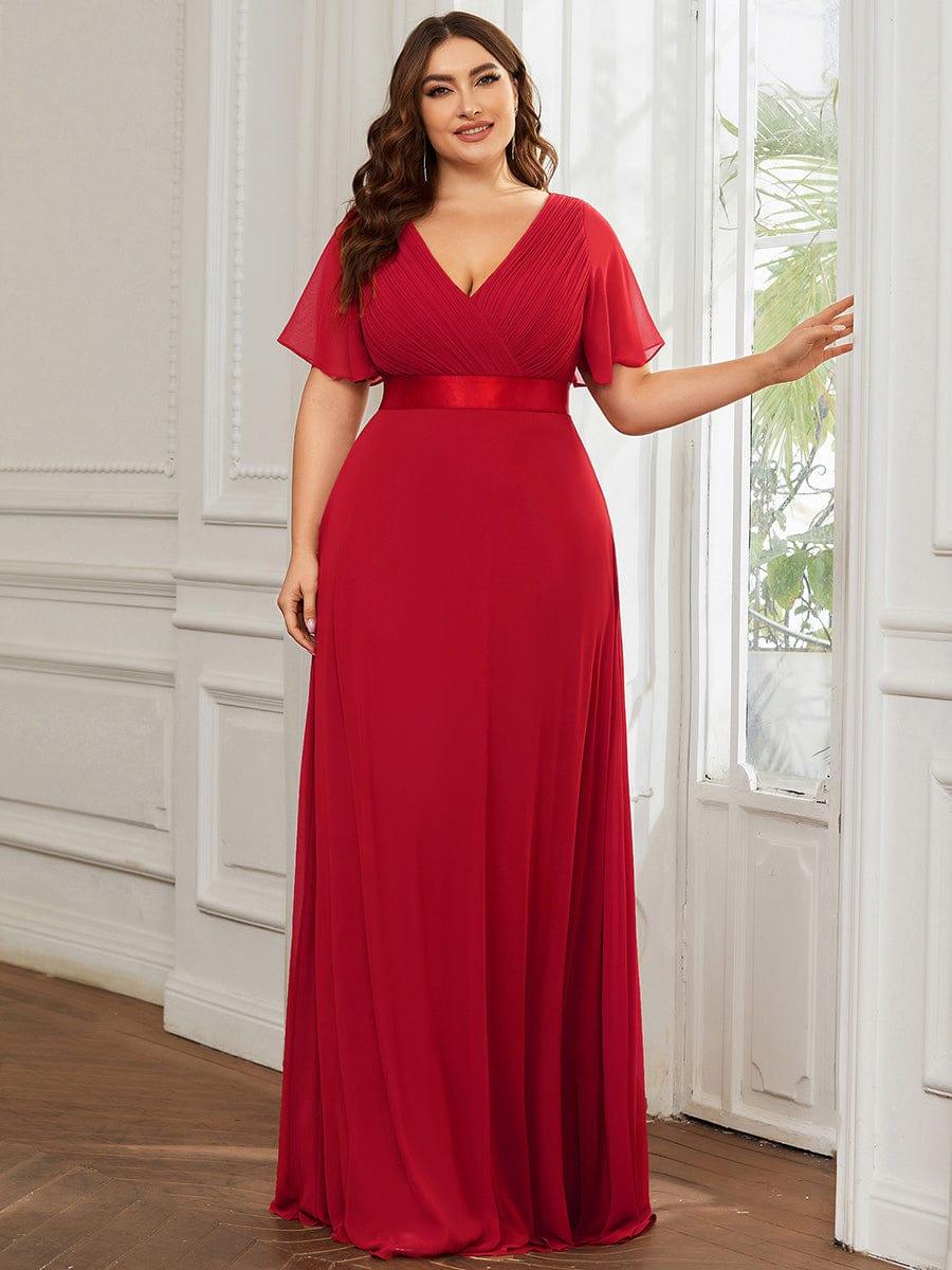 Plus Size V-Neck Chiffon A-Line Evening Dress with Short sleeves