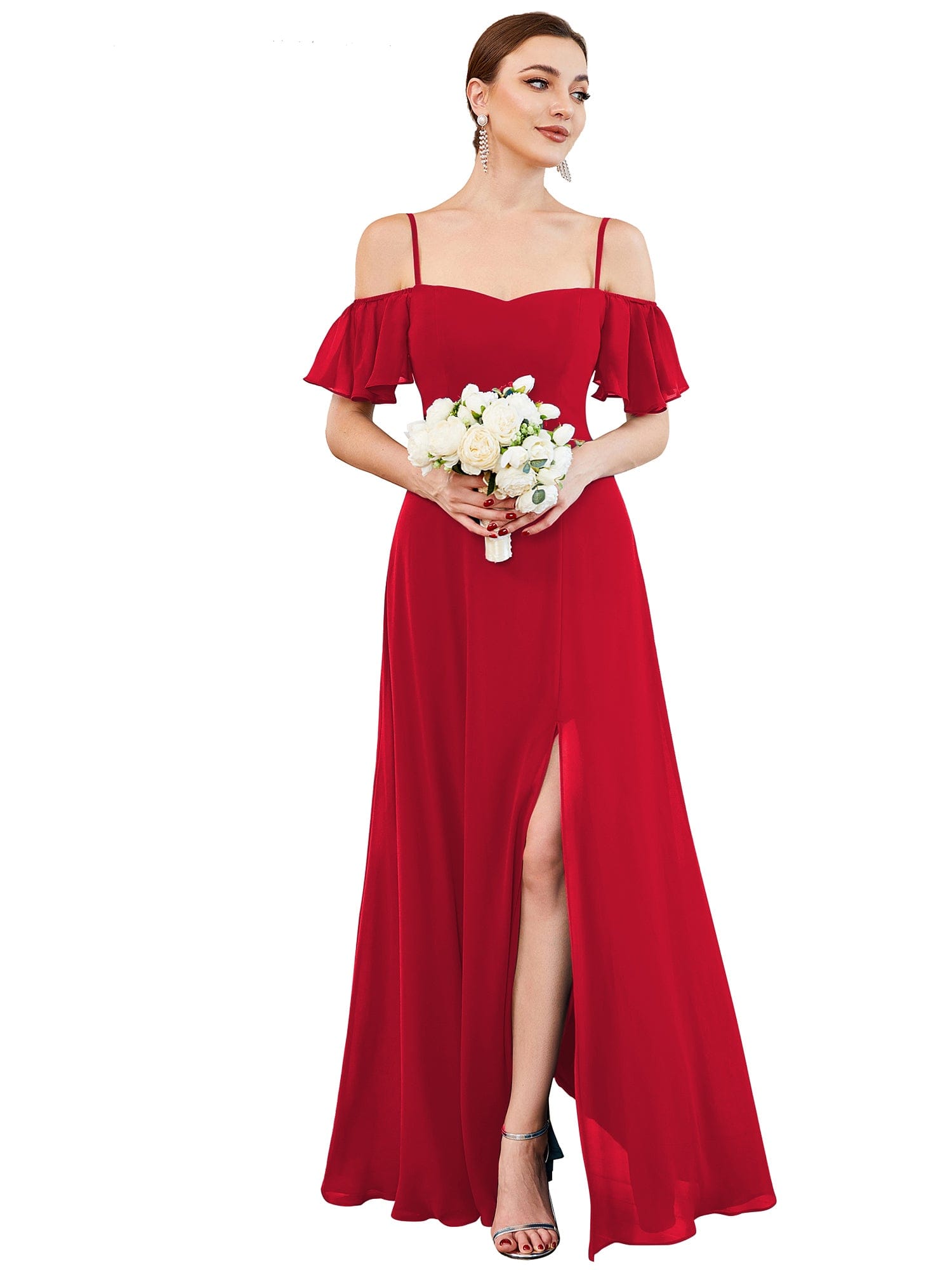 Cold Shoulder Sweetheart Chiffon Bridesmaid Dress with Slit