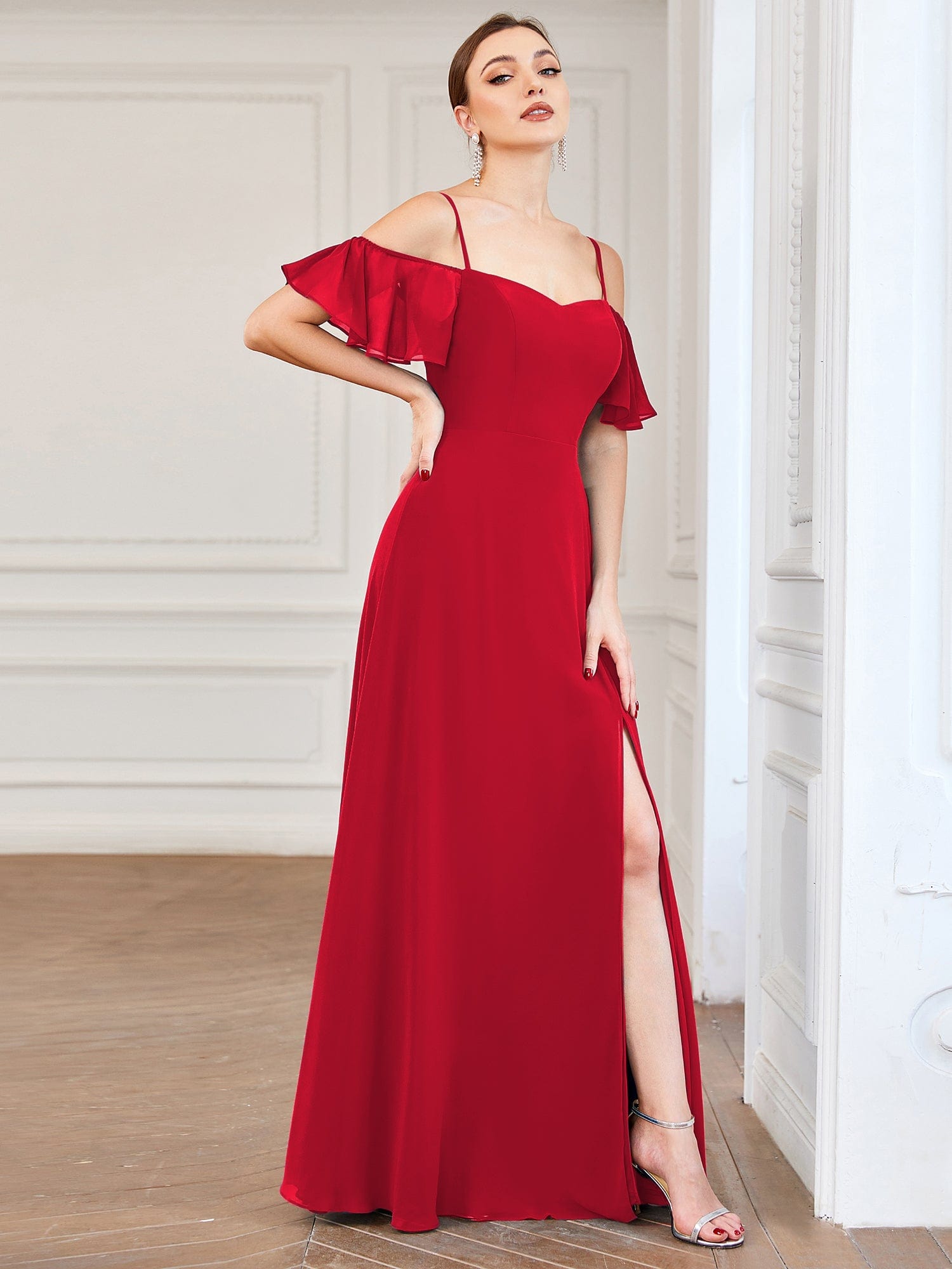Cold Shoulder Sweetheart Chiffon Bridesmaid Dress with Slit