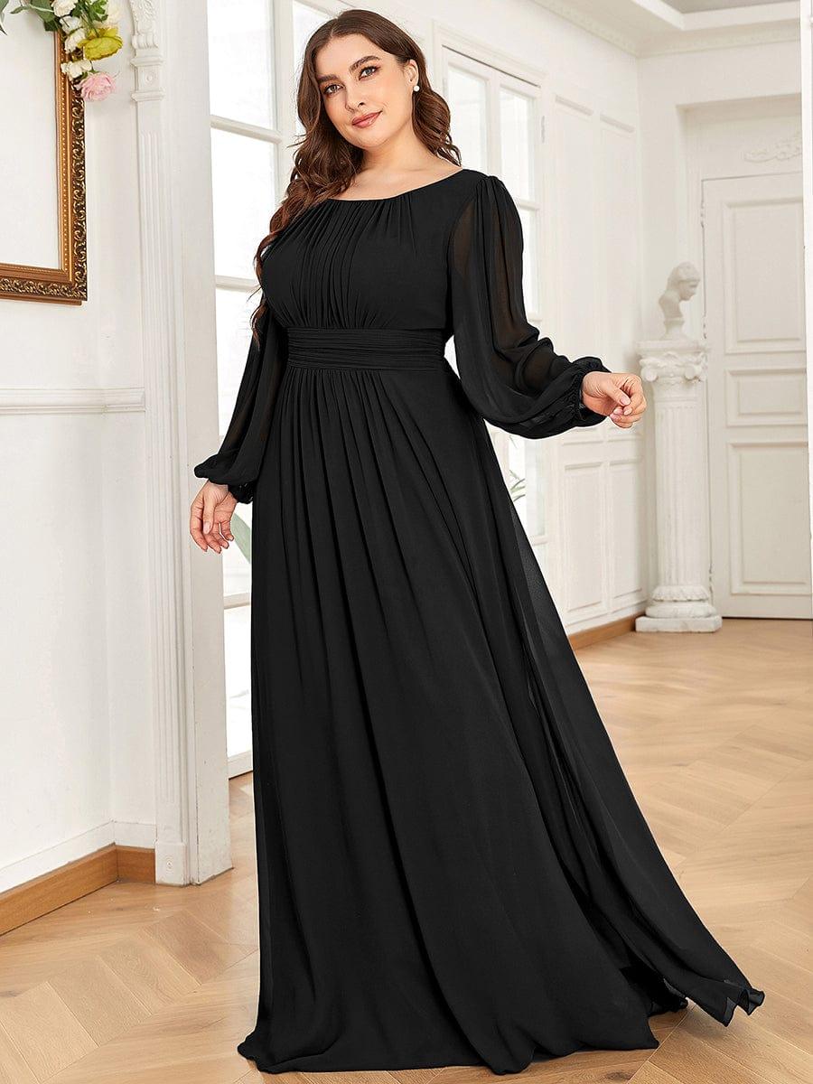Elegant Crew Neck Chiffon Mother Dress wiith Puff Sleeve #color_Black