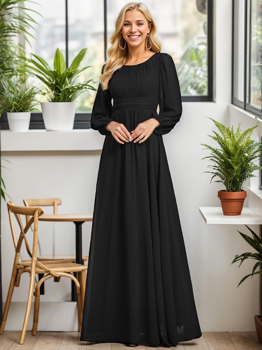 Elegant Crew Neck Chiffon Mother Dress wiith Puff Sleeve #color_Black