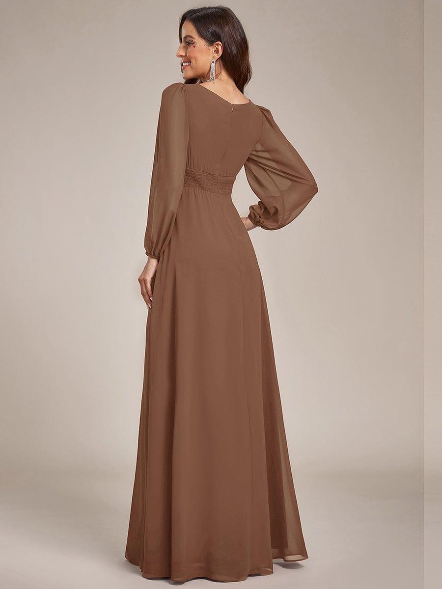 Elegant Crew Neck Chiffon Mother Dress wiith Puff Sleeve #color_Brown