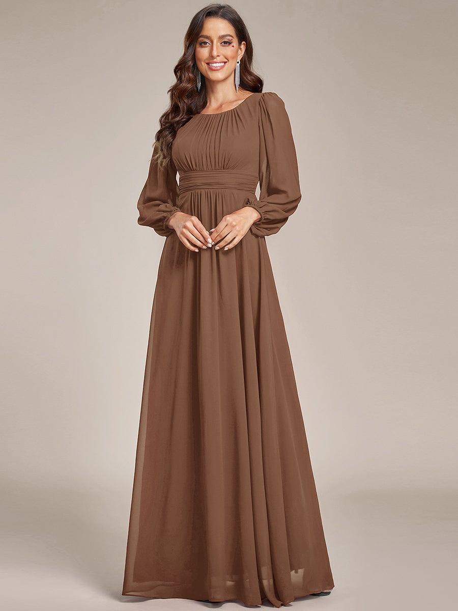Elegant Crew Neck Chiffon Mother Dress wiith Puff Sleeve #color_Brown
