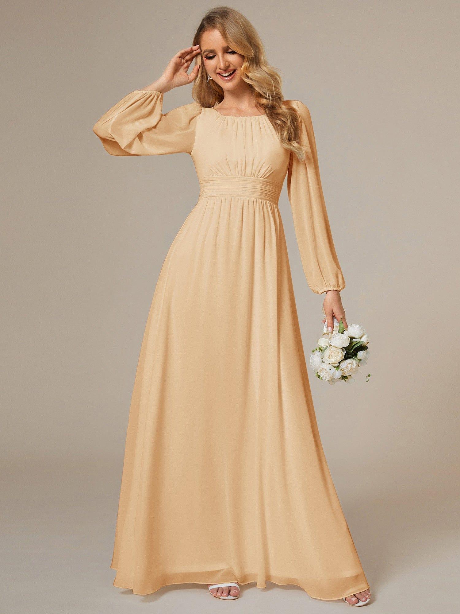 Elegant Long Sleeve A-Line Chiffon Mother Dress #color_Champagne