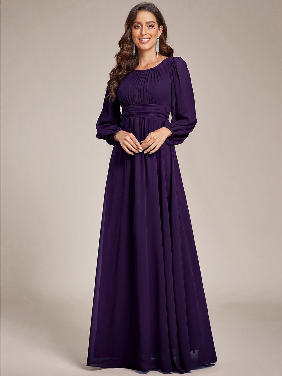 Elegant Crew Neck Chiffon Mother Dress wiith Puff Sleeve #color_Dark Purple