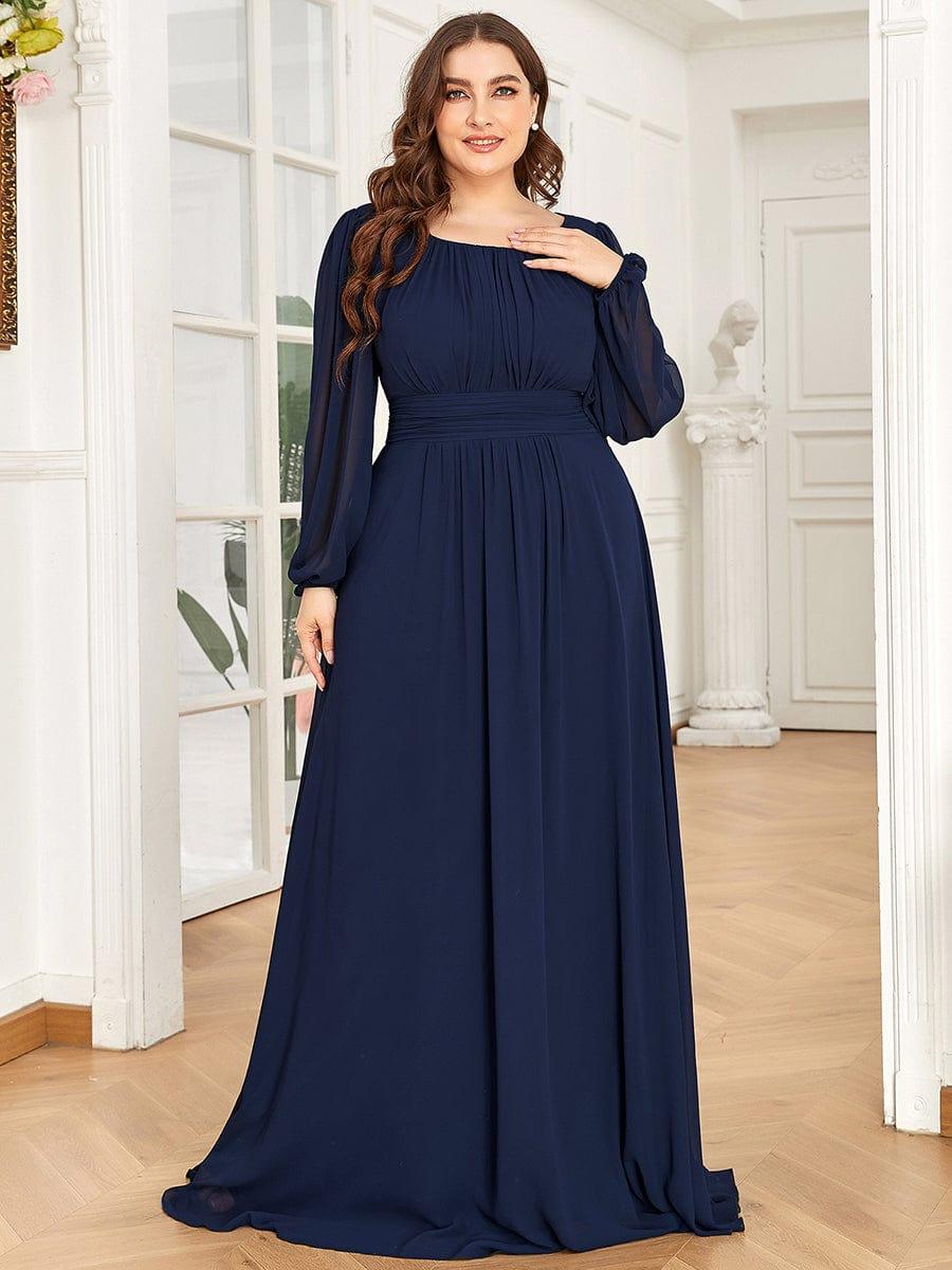 Elegant Crew Neck Chiffon Mother Dress wiith Puff Sleeve #color_Navy Blue