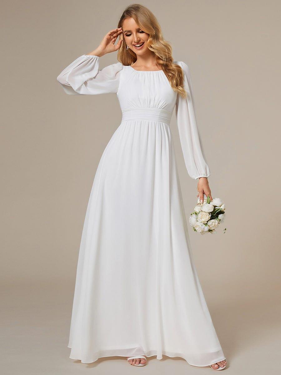 Elegant Crew Neck Chiffon Mother Dress wiith Puff Sleeve #color_White