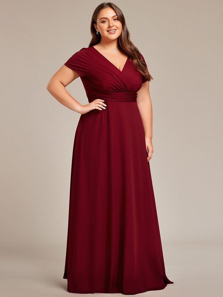 Plus Size V-Neck Pleated Long Bridesmaid Dress with Short Sleeves