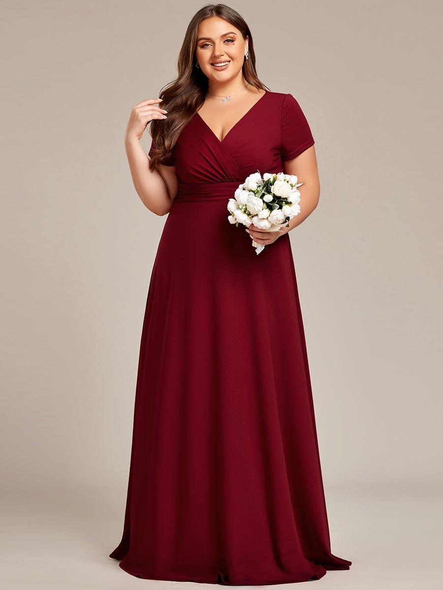 Plus Size V-Neck Pleated Long Bridesmaid Dress with Short Sleeves