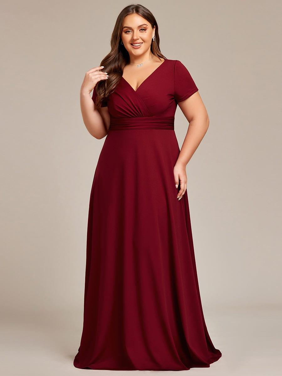 Plus Size V-Neck Pleated Long Bridesmaid Dress with Short Sleeves