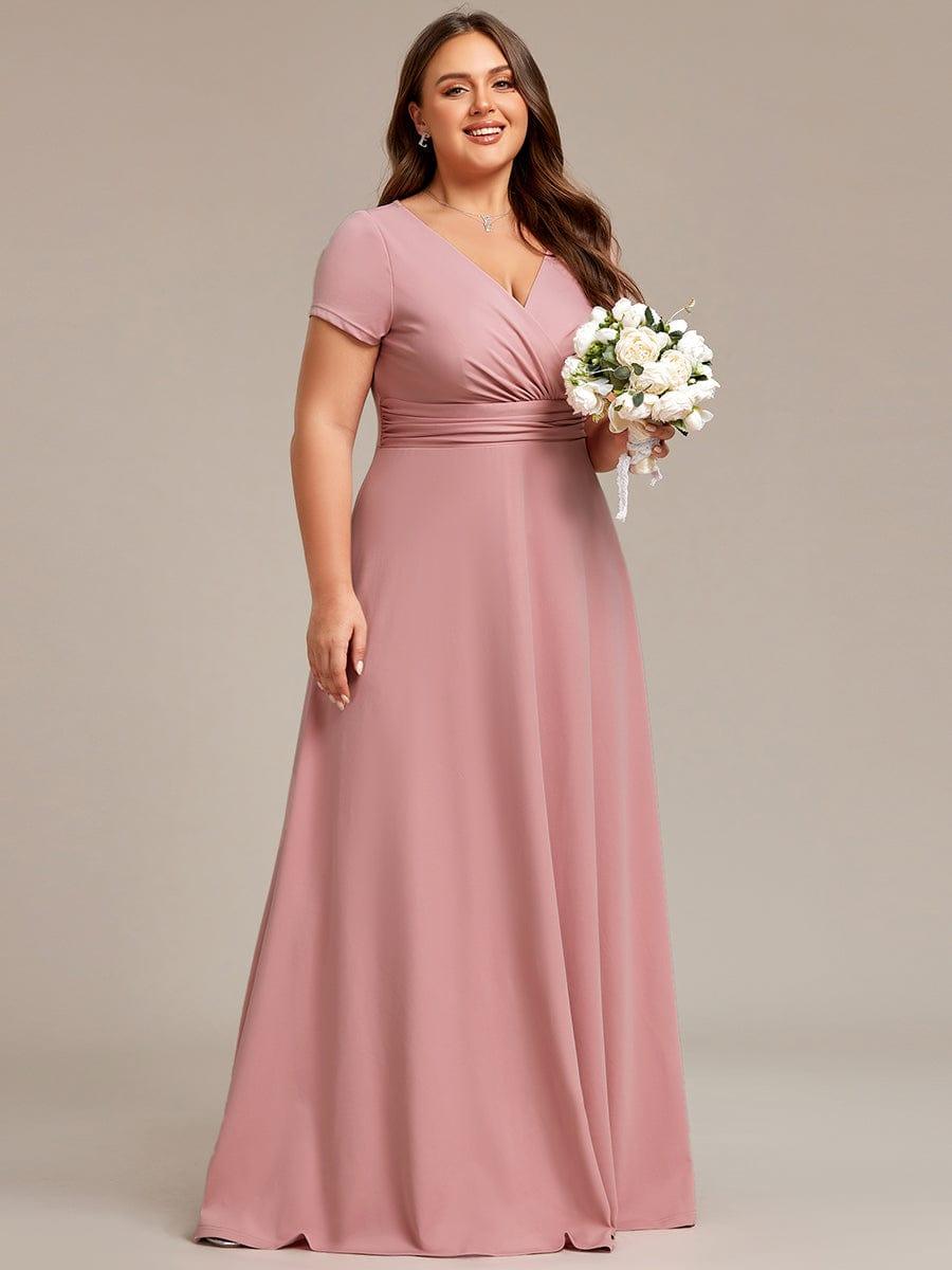 Plus Size V-Neck Pleated Long Bridesmaid Dress with Short Sleeves