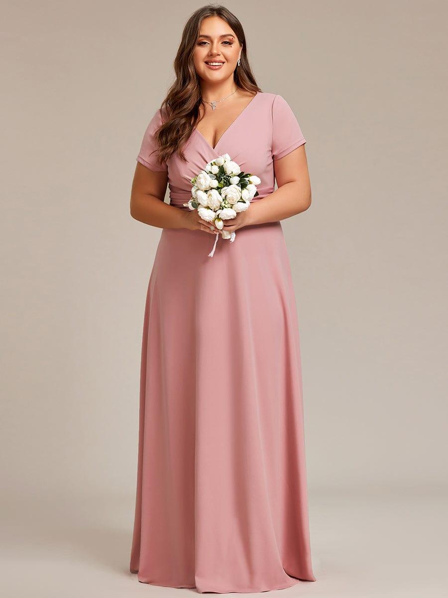 Plus Size V-Neck Pleated Long Bridesmaid Dress with Short Sleeves