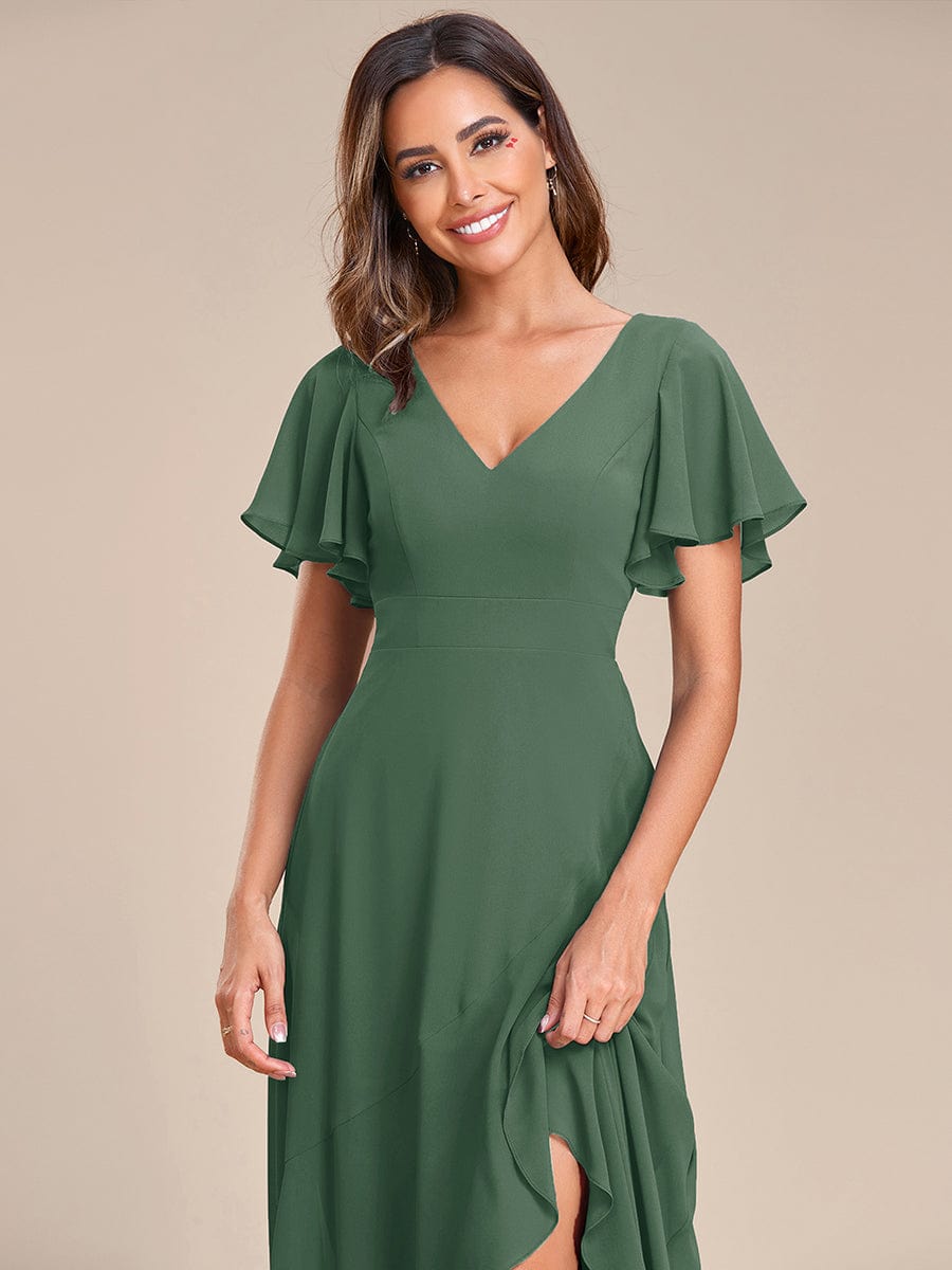 Graceful V-Neck Ruffle High-Low Chiffon Bridesmaid Dress