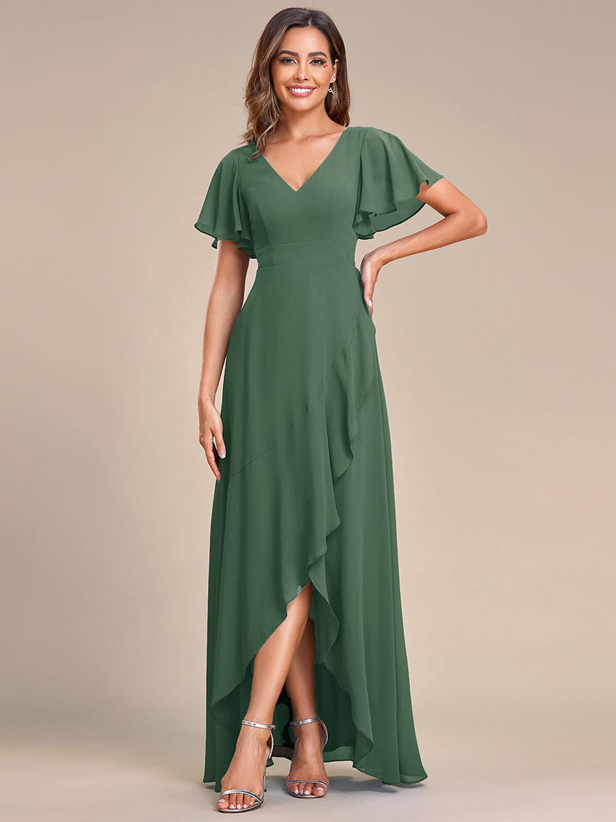 Graceful V-Neck Ruffle High-Low Chiffon Bridesmaid Dress