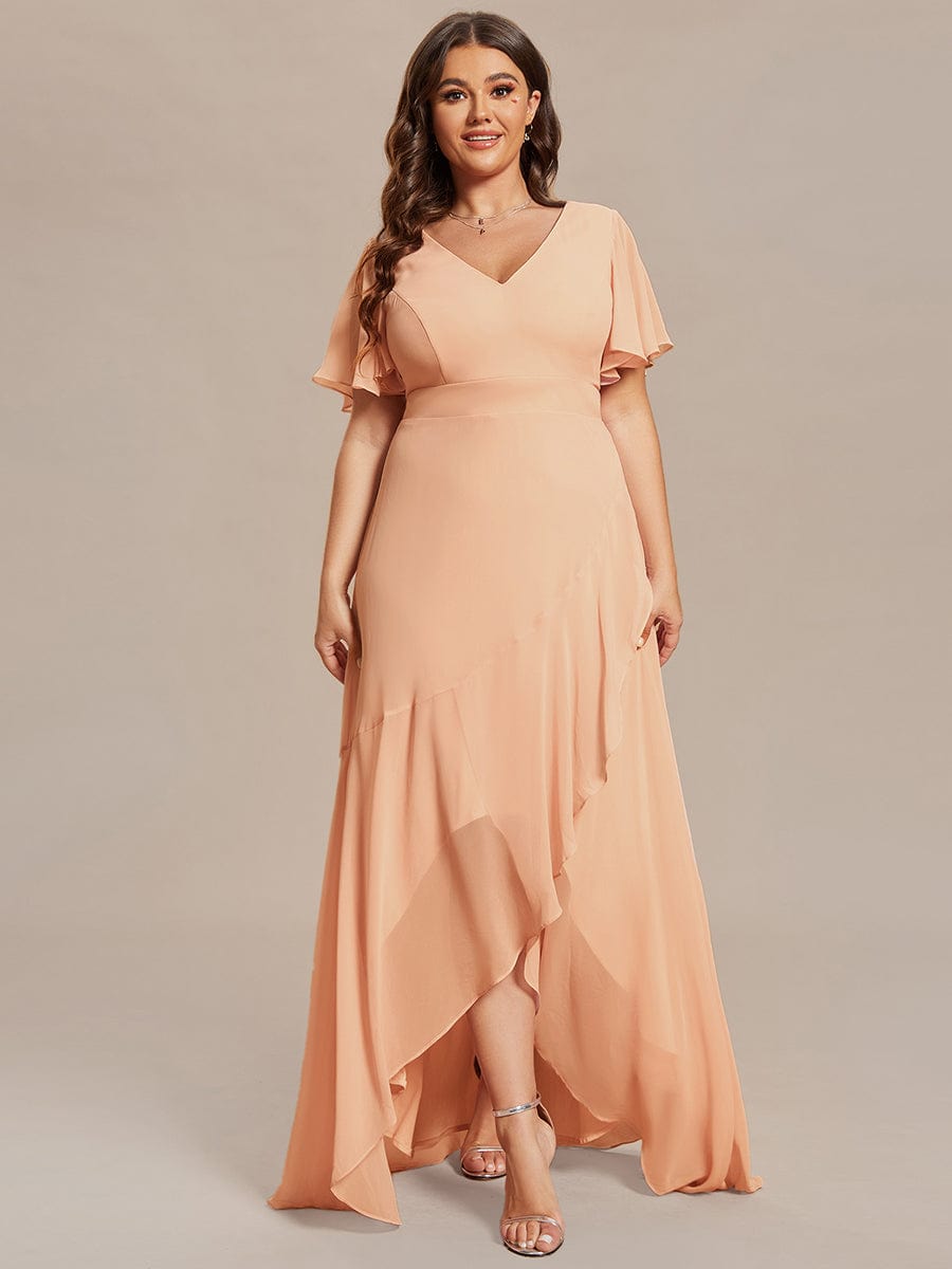 Graceful V-Neck Ruffle High-Low Chiffon Bridesmaid Dress