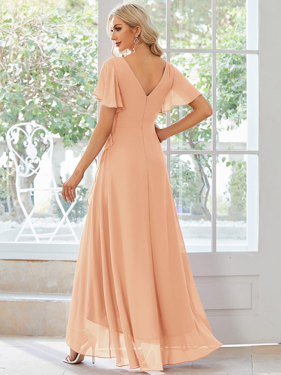 Graceful V-Neck Ruffle High-Low Chiffon Bridesmaid Dress