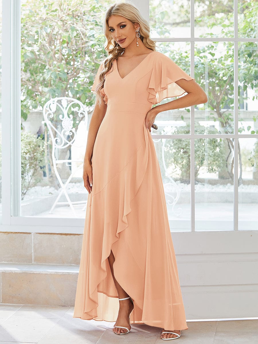 Graceful V-Neck Ruffle High-Low Chiffon Bridesmaid Dress