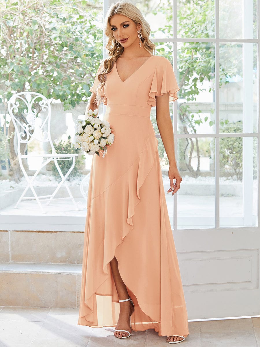 Graceful V-Neck Ruffle High-Low Chiffon Bridesmaid Dress