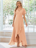 Graceful V-Neck Ruffle High-Low Chiffon Bridesmaid Dress
