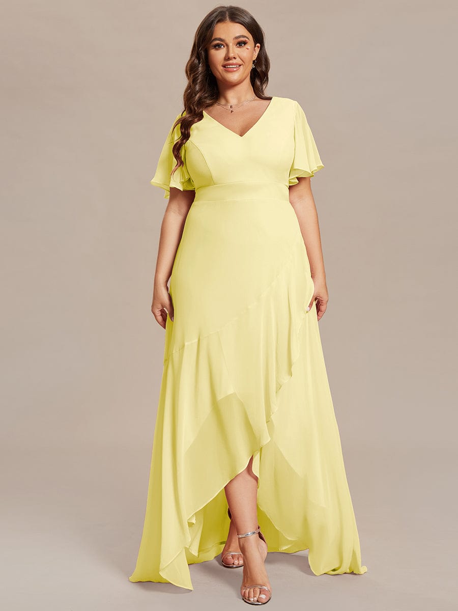 Graceful V-Neck Ruffle High-Low Chiffon Bridesmaid Dress