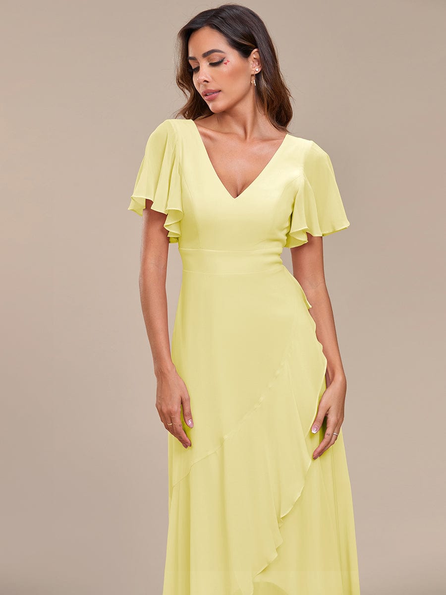 Graceful V-Neck Ruffle High-Low Chiffon Bridesmaid Dress