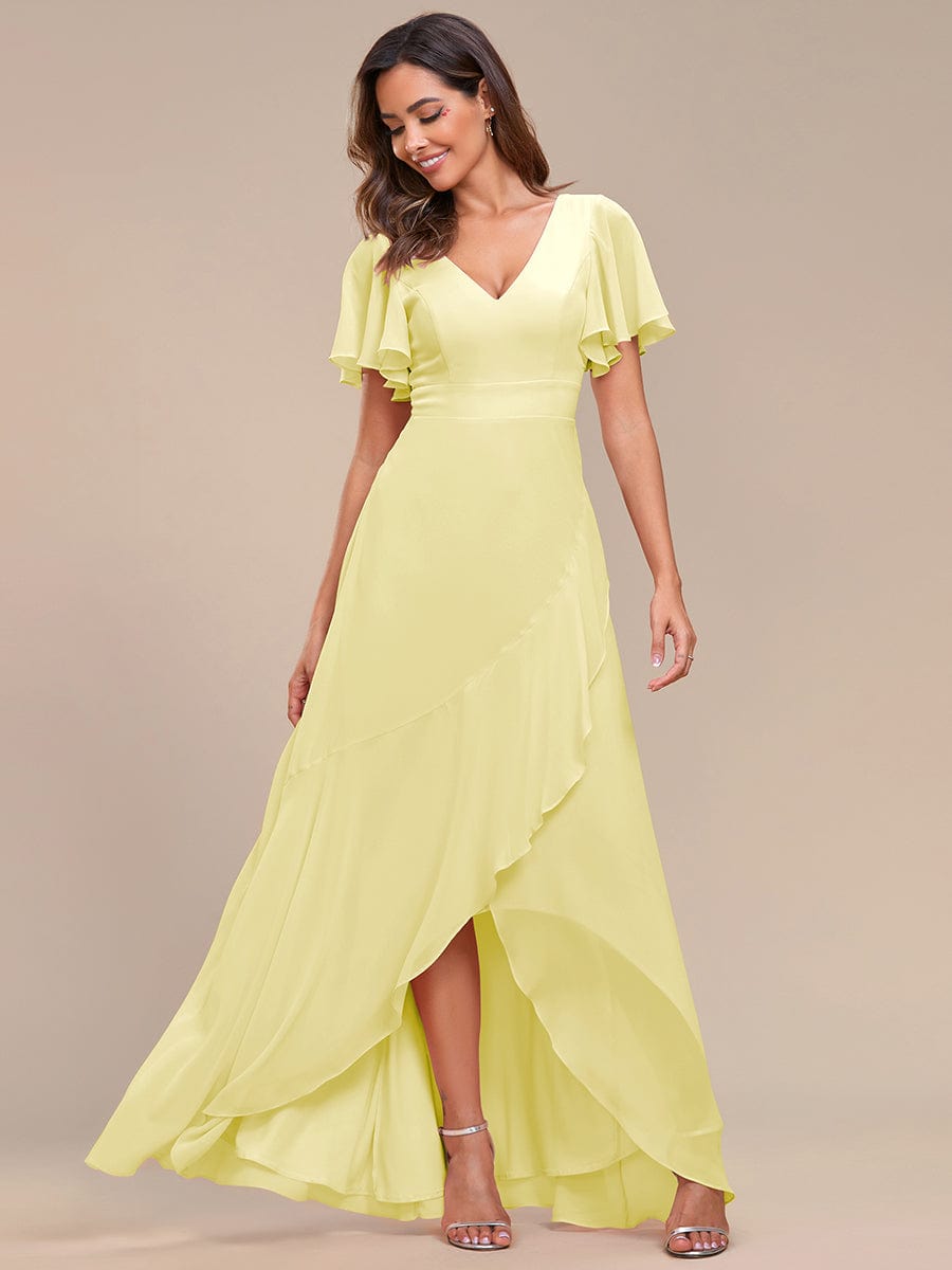 Graceful V-Neck Ruffle High-Low Chiffon Bridesmaid Dress