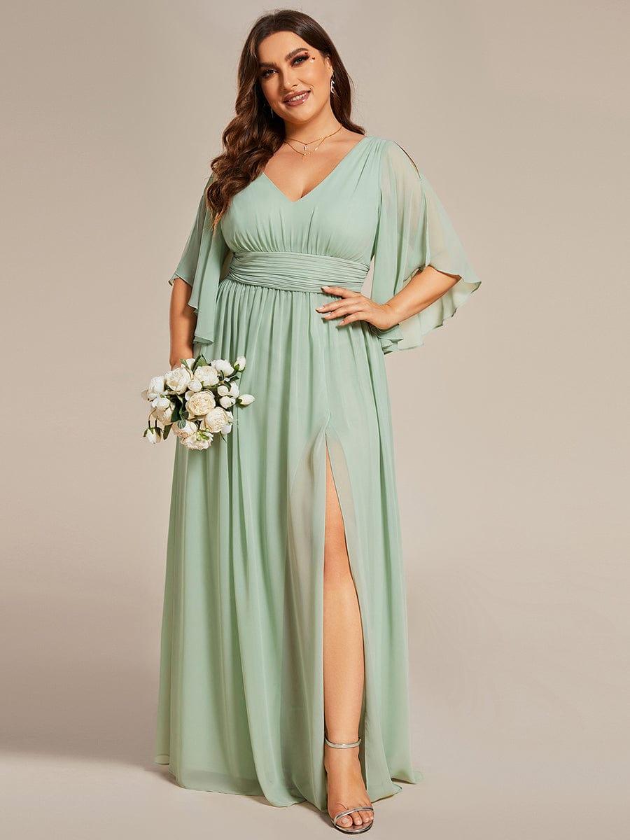 Plus Size V-Neck Pleated Chiffon Bridesmaid Dress with Slit
