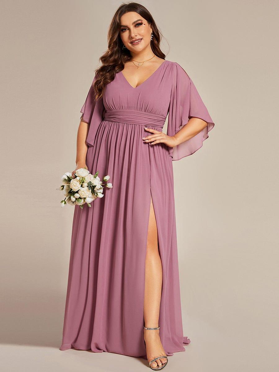 Plus Size V-Neck Pleated Chiffon Bridesmaid Dress with Slit
