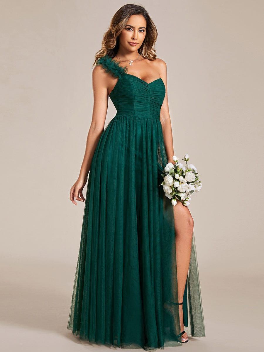 One Shoulder Corset Tulle A-Line Bridesmaid Dress with Slit
