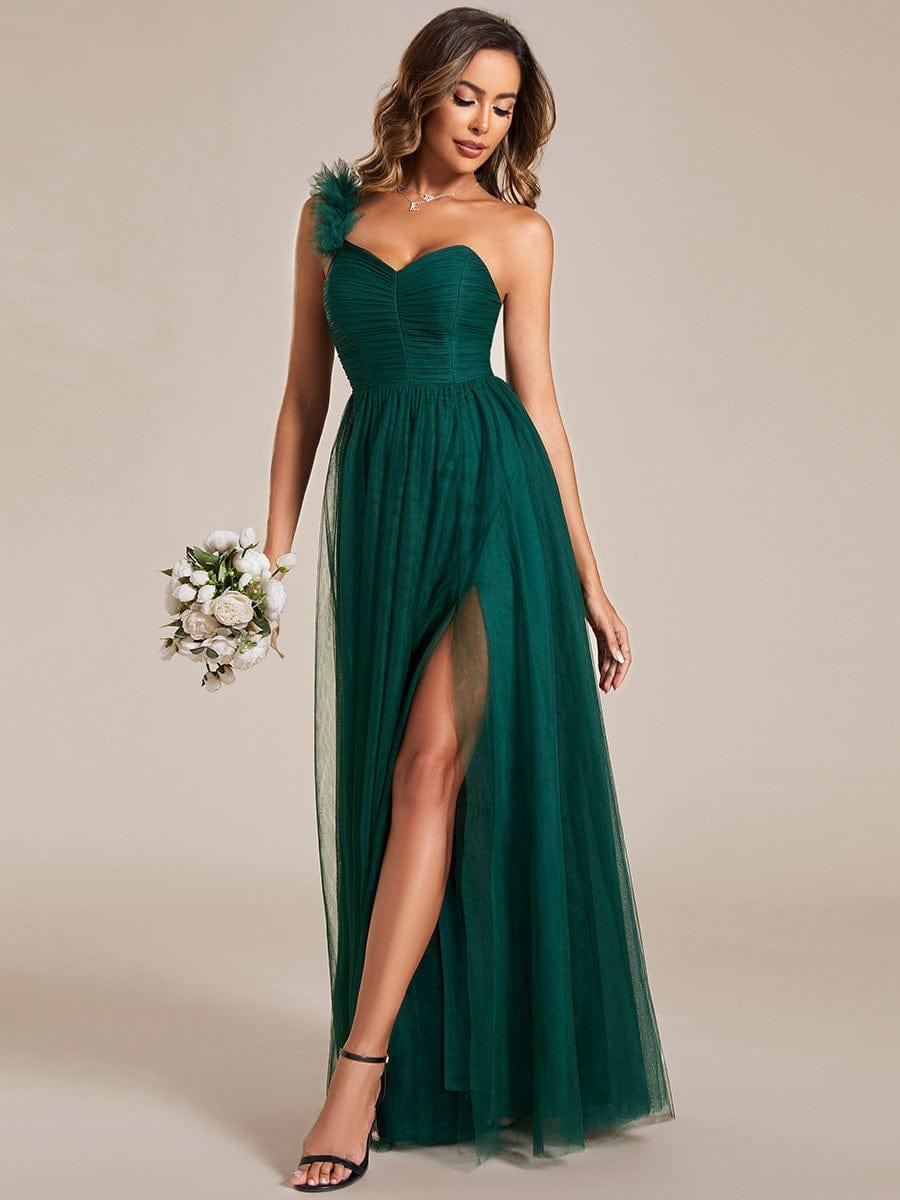 One Shoulder Corset Tulle A-Line Bridesmaid Dress with Slit