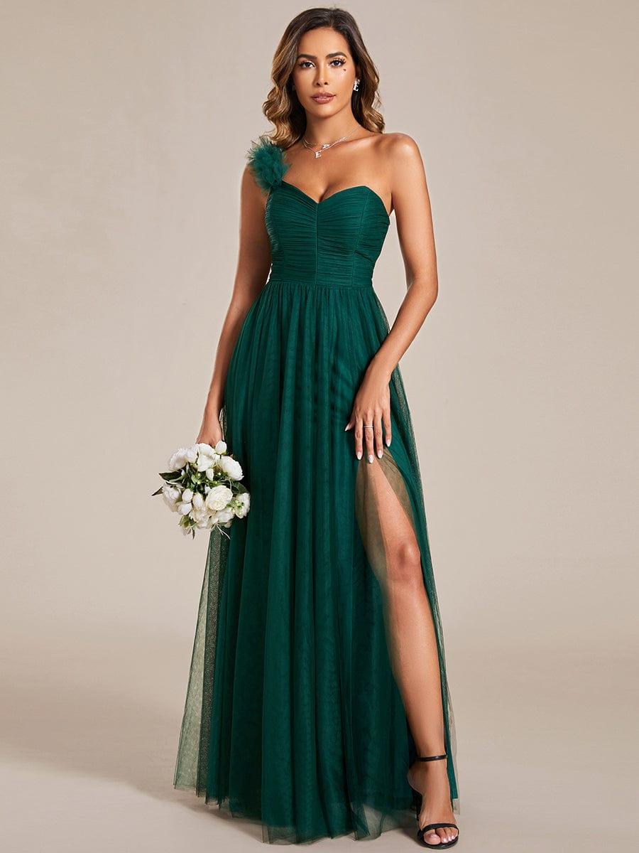 One Shoulder Corset Tulle A-Line Bridesmaid Dress with Slit