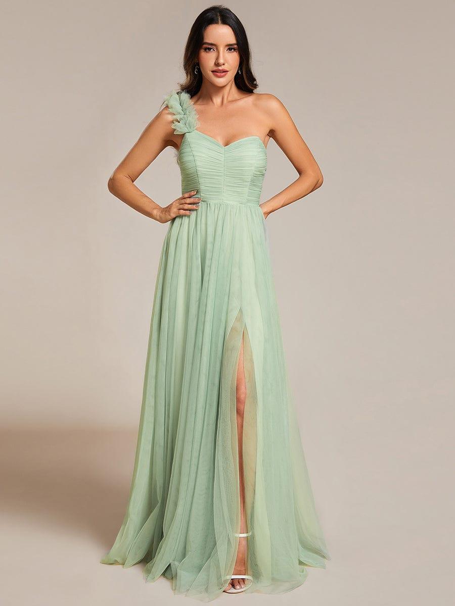 One Shoulder Corset Tulle A-Line Bridesmaid Dress with Slit