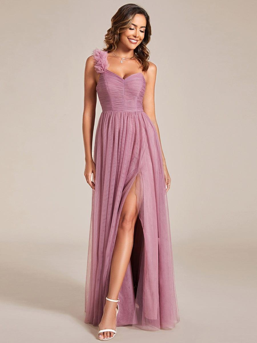 One Shoulder Corset Tulle A-Line Bridesmaid Dress with Slit