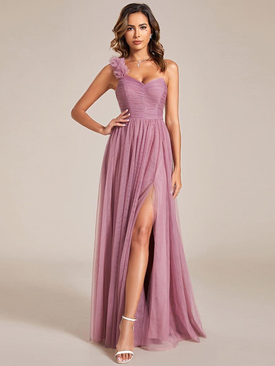 One Shoulder Corset Tulle A-Line Bridesmaid Dress with Slit