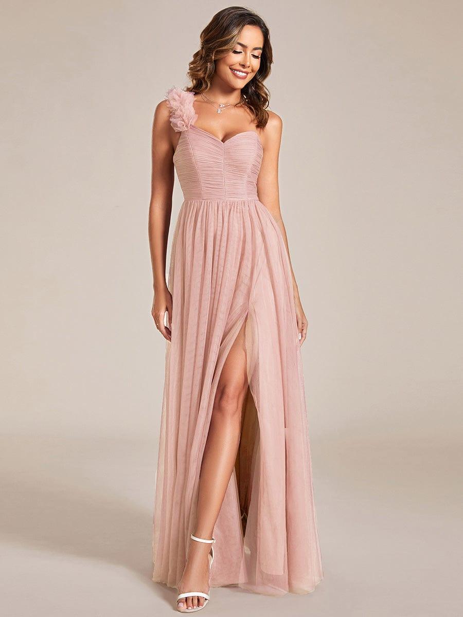 One Shoulder Corset Tulle A-Line Bridesmaid Dress with Slit