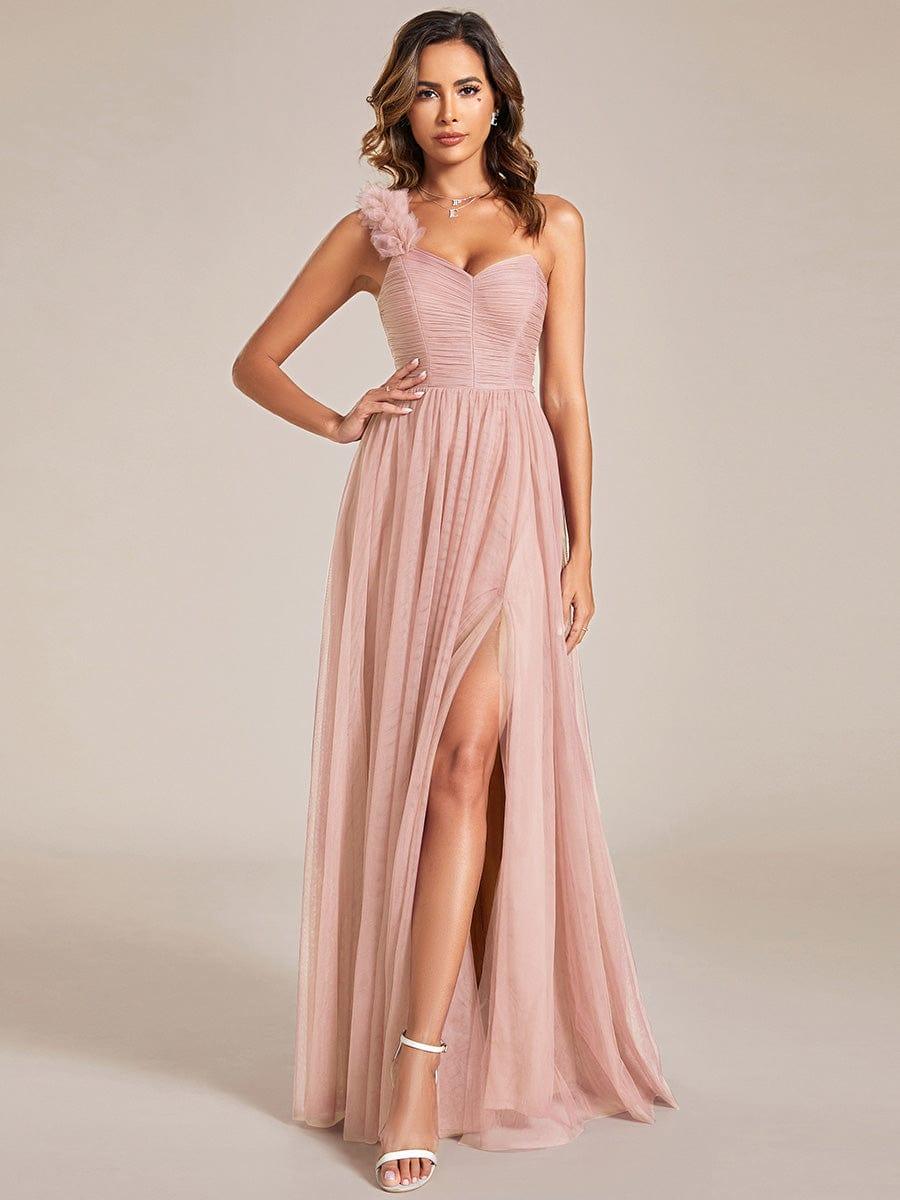 One Shoulder Corset Tulle A-Line Bridesmaid Dress with Slit
