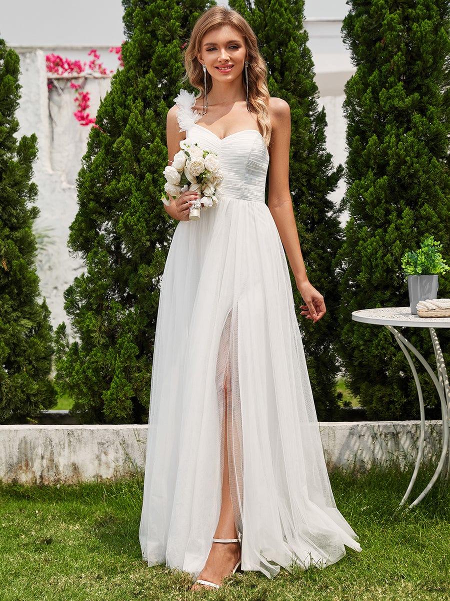 One Shoulder Corset Tulle A-Line Bridesmaid Dress with Slit