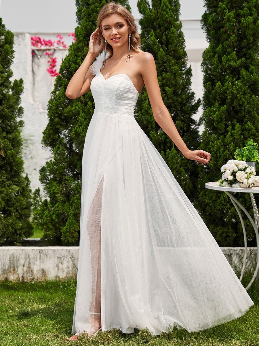 One Shoulder Corset Tulle A-Line Bridesmaid Dress with Slit