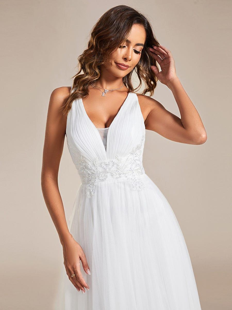V-Neck Pleated Applique Tulle A-Line Bridesmaid Dress