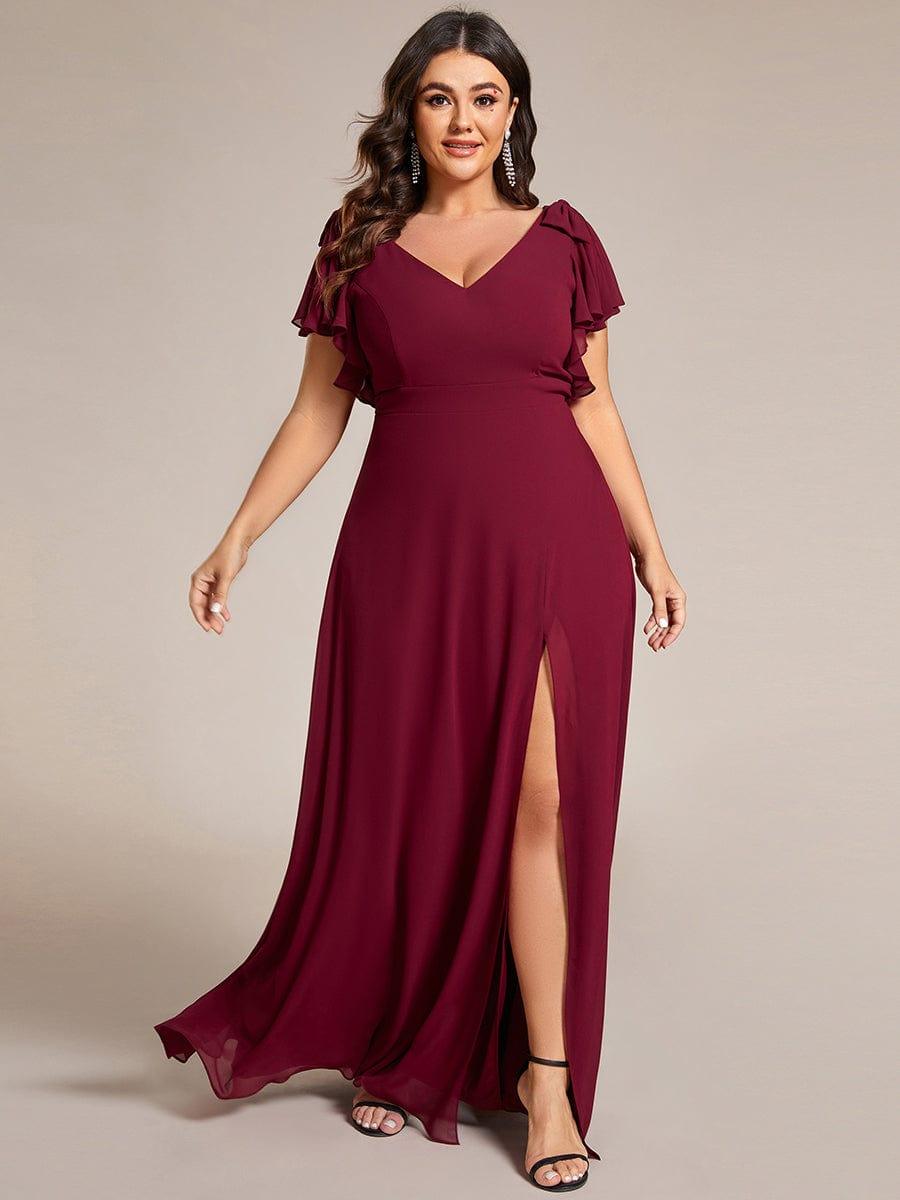 V-Neck Elegant Burgundy Chiffon Bridesmaid Dress with Slit