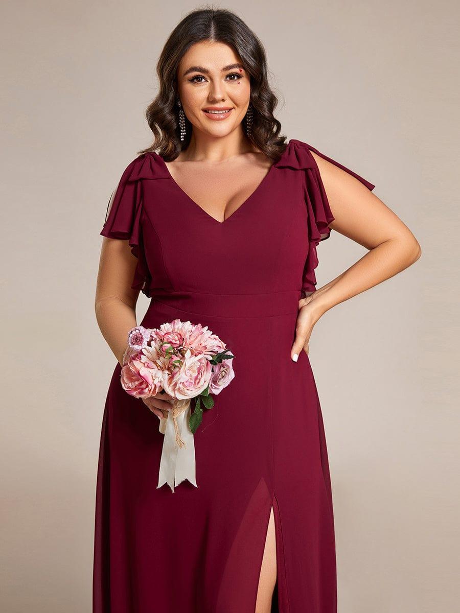 V-Neck Elegant Burgundy Chiffon Bridesmaid Dress with Slit
