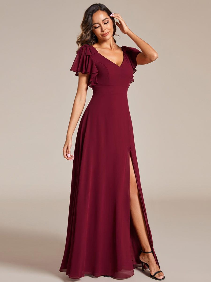 V-Neck Elegant Burgundy Chiffon Bridesmaid Dress with Slit