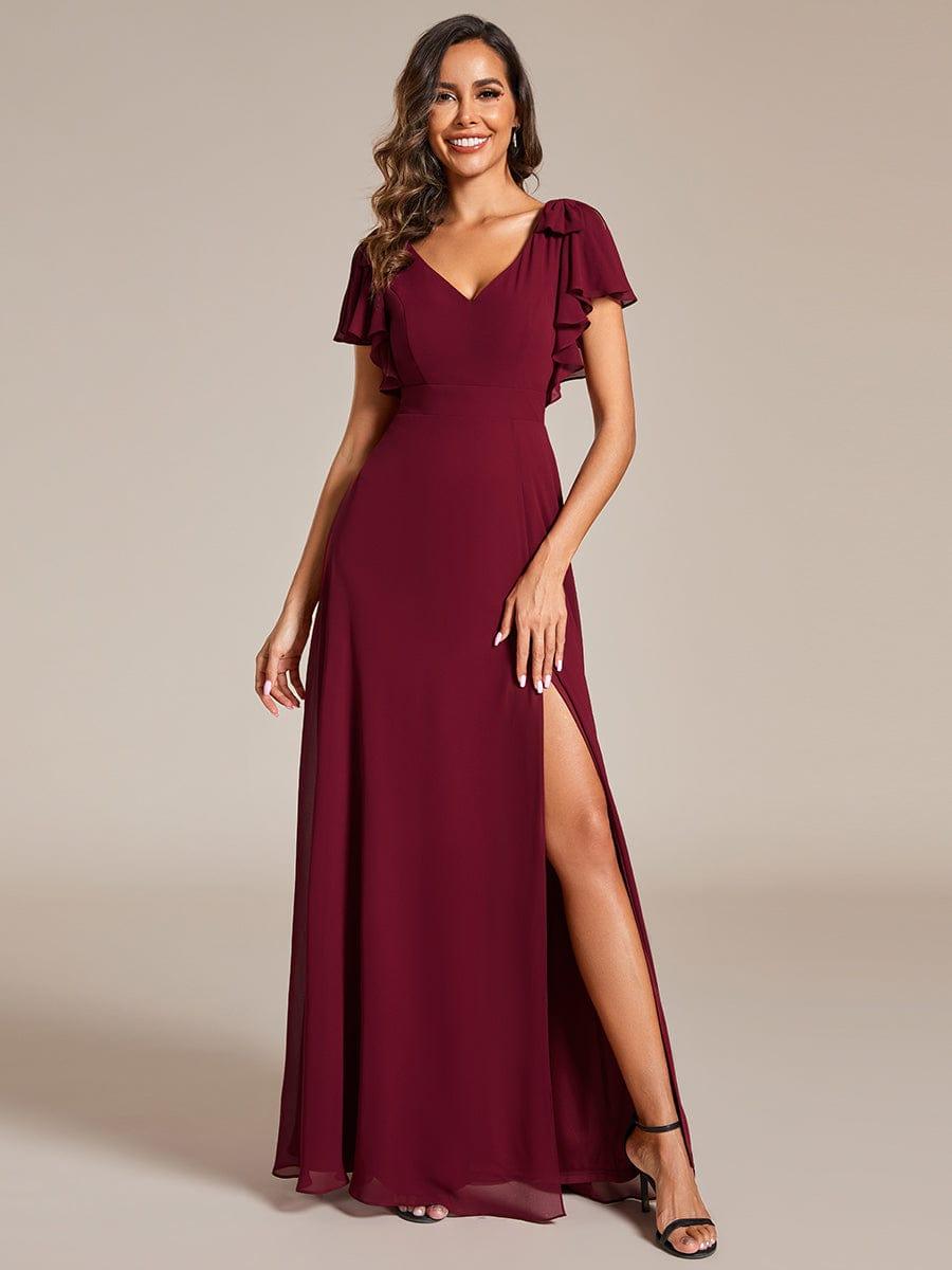 V-Neck Elegant Burgundy Chiffon Bridesmaid Dress with Slit