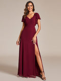 V-Neck Elegant Burgundy Chiffon Bridesmaid Dress with Slit