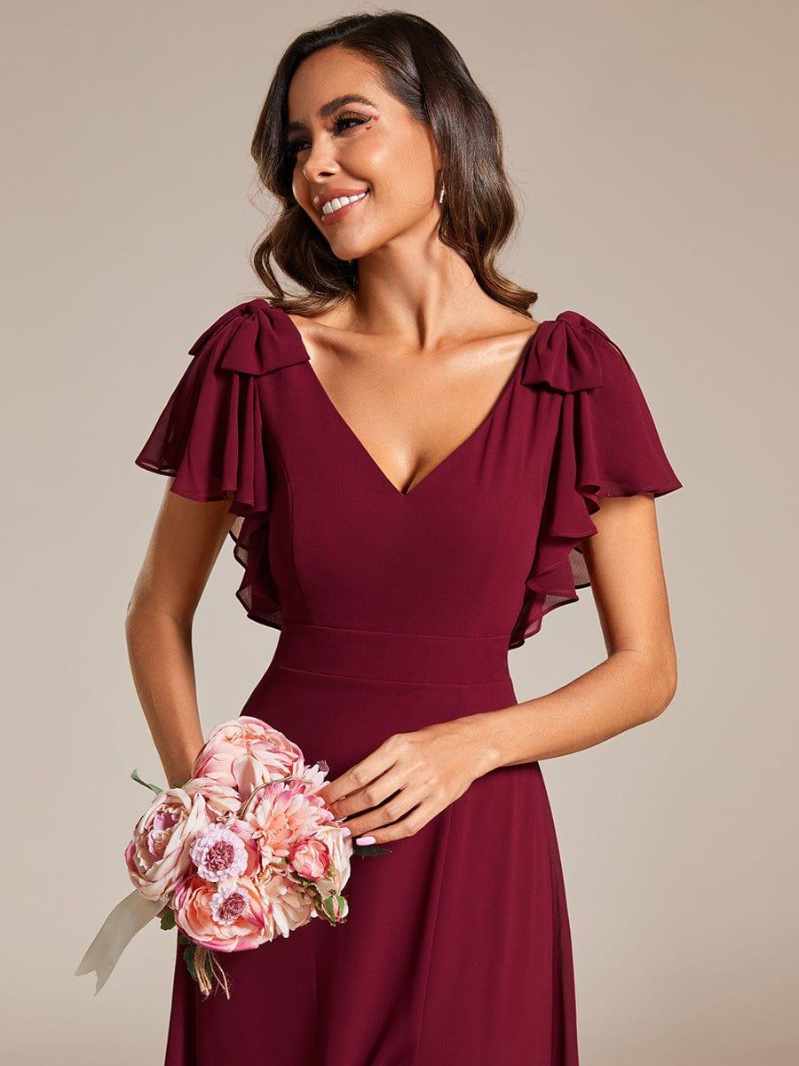 V-Neck Elegant Burgundy Chiffon Bridesmaid Dress with Slit