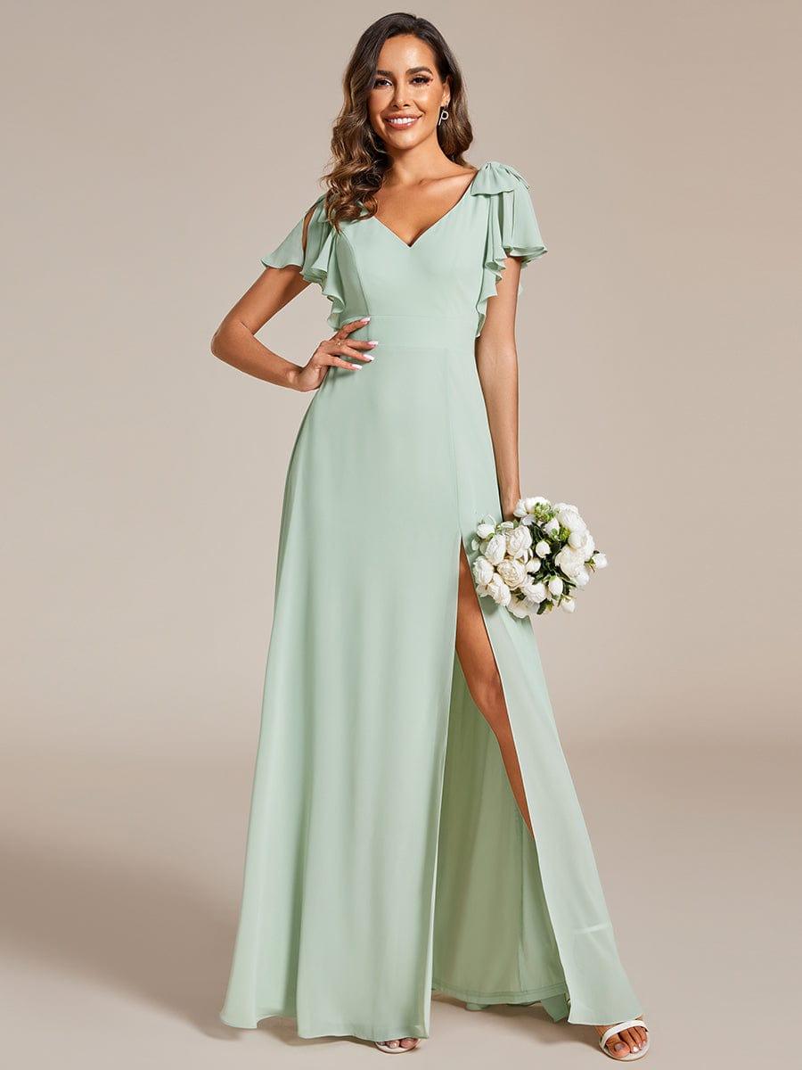 V-Neck Elegant Burgundy Chiffon Bridesmaid Dress with Slit